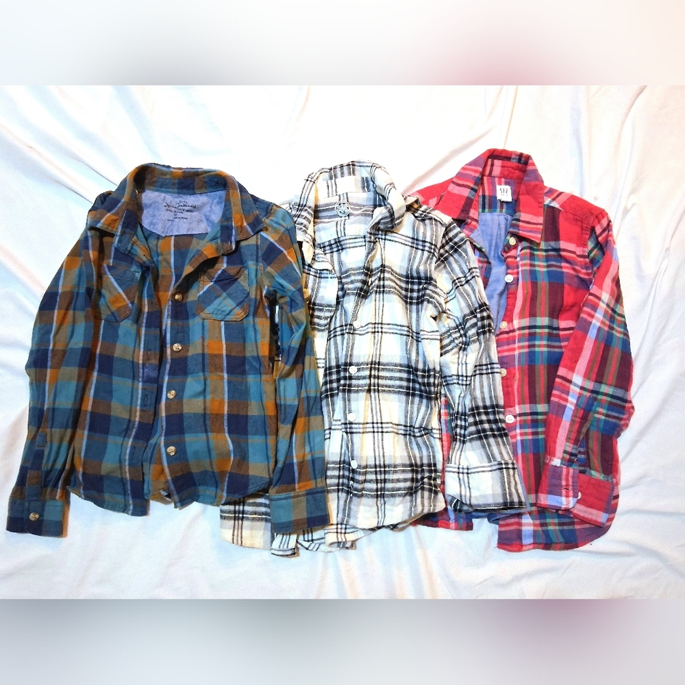 Set Of 3 Multicolor Boys Cotton Button Down Flannels In Size 6-7Y